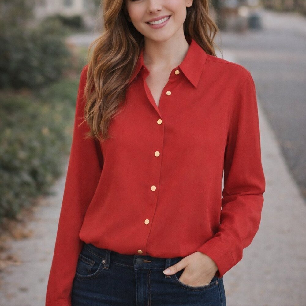Anne Klein Red Button-Down Shirt with Gold Accents Size Large